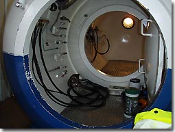 Chamber dive to 50 metres in the onboard re-compression chamber on Big Pearl. 
  Expired air/oxygen when breathing off the BIBS is taken out of the chamber to help make sure the oxygen levels don't get too high (also monitored with a sensor)...