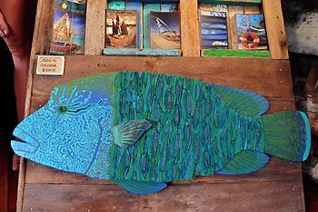 A piece of art by Emma Washer: a Napoleon Wrasse made out of washed-up thongs - Cocos Keeling Islands, Western Australia